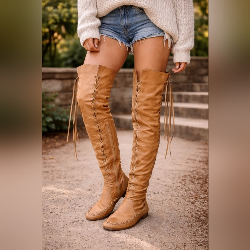 Boho Lace-Up Over the Knee Moccasin Boots Faux Leather Tan Size 7–7.5